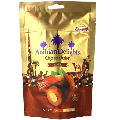 تمر محشي لوز مغطى بالشوكولاتة الداكنة أرابيان ديلايتس 100غ