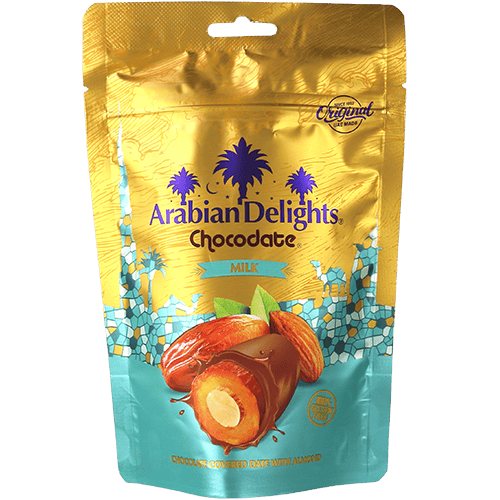 تمر محشي لوز مغطى بشوكولاتة الحليب أرابيان ديلايتس 100غ