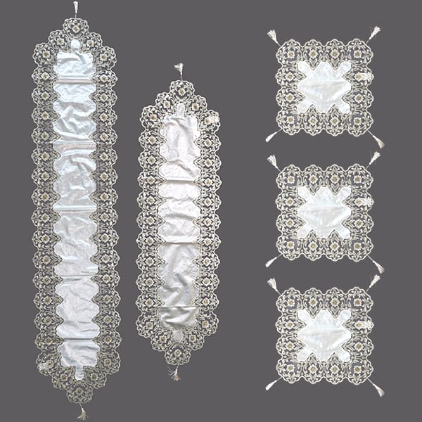 White & Silver Lace Table Runner & Placemat Set 5pc | طقم مفارش طاولة أبيض فضي دانتيل 5 قطع