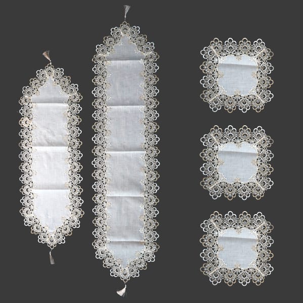 White Linen Lace Table Runner & Placemat Set 5pc | طقم مفارش كتان أبيض دانتيل 5 قطع