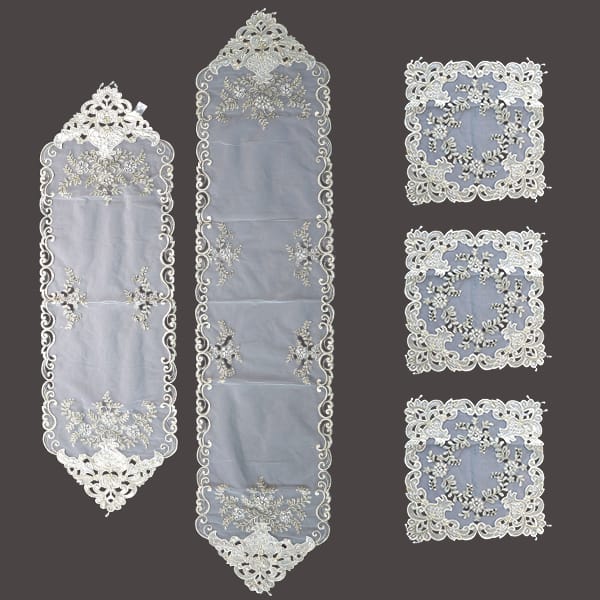 White Embroidered Lace Table Set 5 Pieces | طقم مفارش دانتيل مطرز أبيض 5 قطع