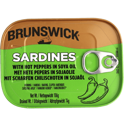 Brunswick Sardines met Hete Pepers in Sojaolie 106g