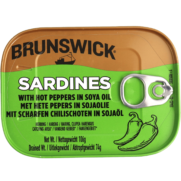 Brunswick Sardines met Hete Pepers in Sojaolie 106g