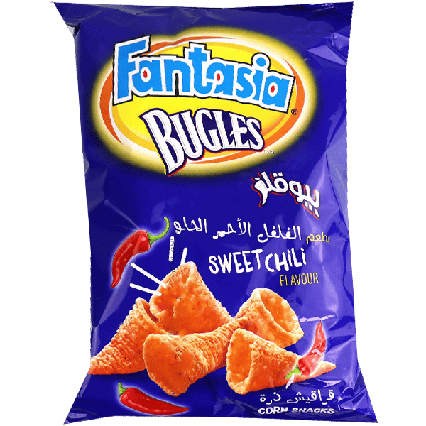 Sweet Chili Bugles Corn Snacks Fantasia 90g | قراقيش ذرة بيوقلز بطعم الفلفل الاحمر الحلو فانتازيا 90غ
